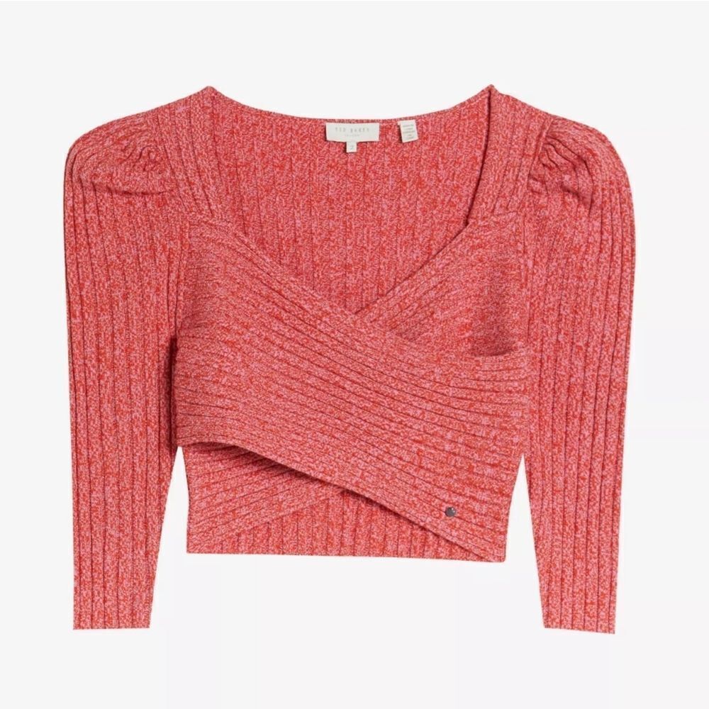 TED BAKER Demie Cross-front Cropped Knitted Top In Marled  Pink S Wool Cashmere - Picture 3 of 15